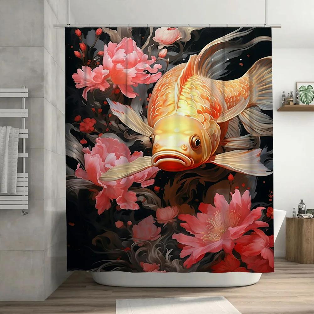 Luxury Golden Fish Peony Shower Curtain Extra Long Waterproof Bath Decor For Home Living Room Pink Floral Print Wall Hanging