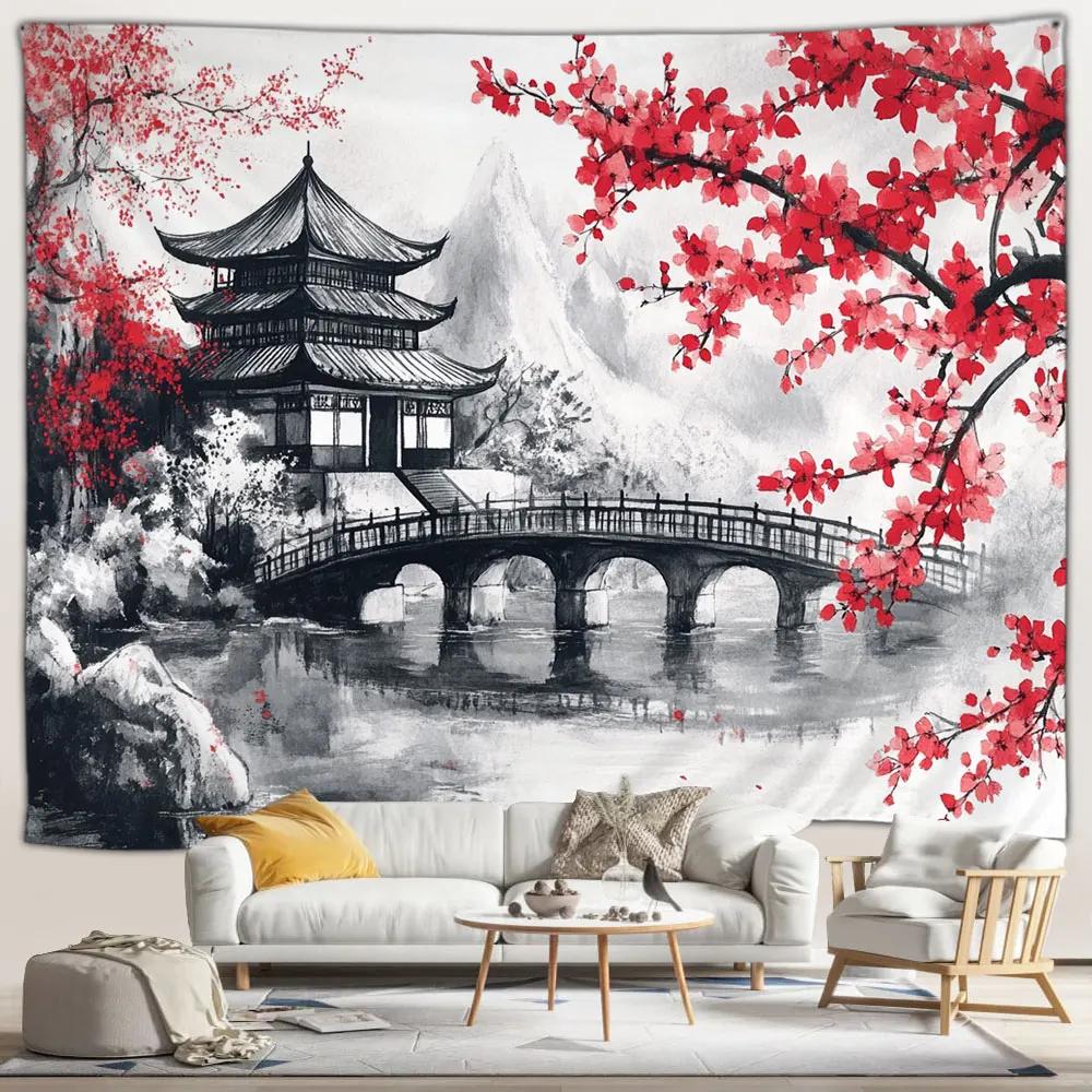 Japanese Scenery Tapestry Pink Cherry Blossom Flowers Misty Landscape Chinese Architecture Living Room Bedroom Decor Wall Hangin