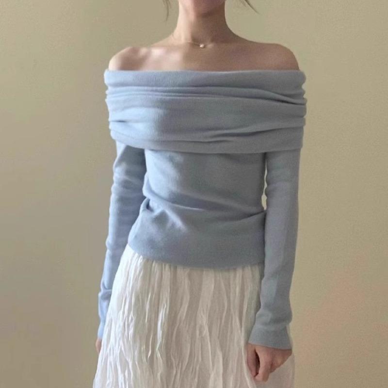 Temperament de primăvară Femei Decolteu oblic Cămăși sexy Elegante Mânecă lungă Umeri goi Bluze tricotate Femei Casual Stradă Solidă Modă Croială slim Topuri 25998