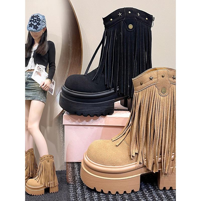 Mode Damen Quasten High Heels 9CM Dicke Plateauschuhe Kurze Stiefel Leder Klobige Schuhe Frau Herbst Winter Plateau Motorradstiefel Botas