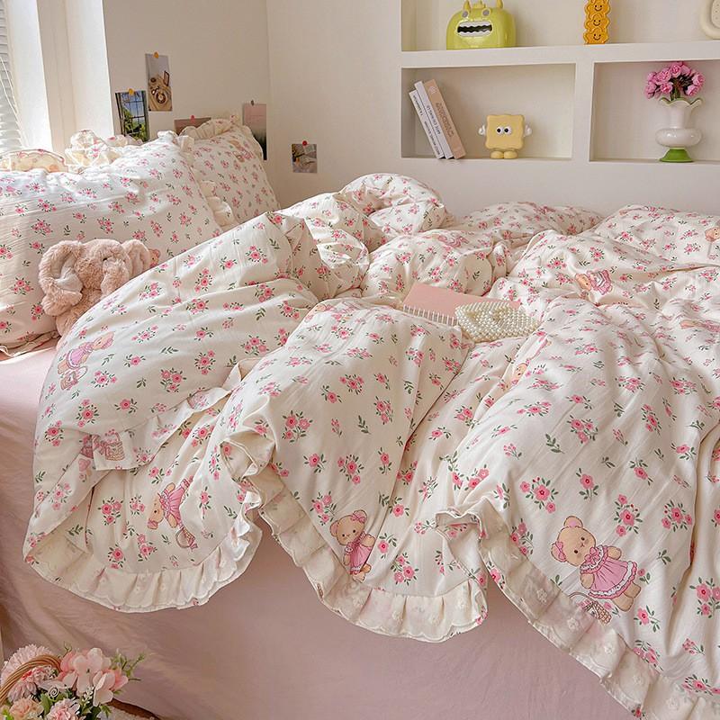 Washed Cotton Double Gauze Bedding Set Floral Ruffle Bed Sheets Bedroom