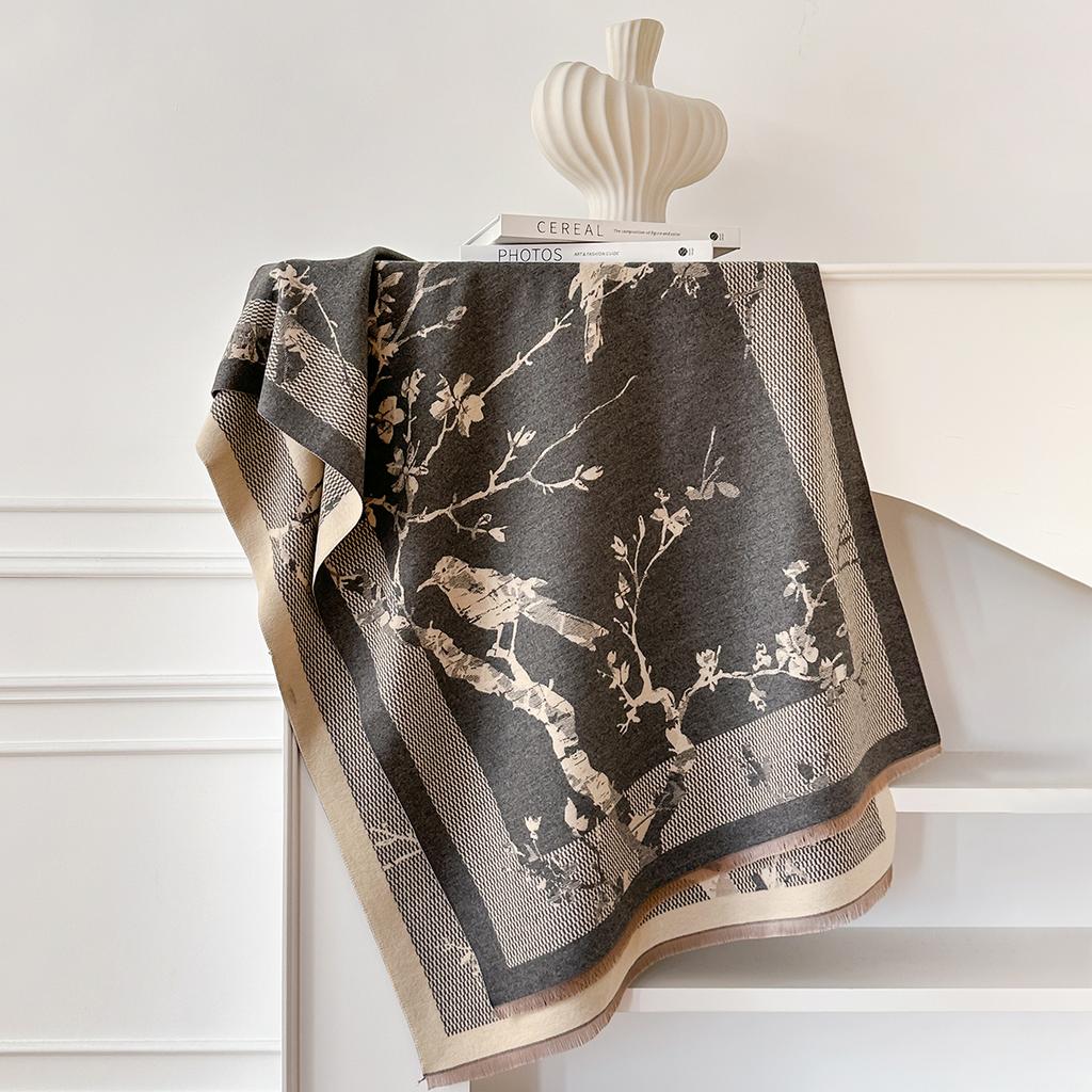 Luxury Bird Branch Print Scarves for Women Warmer Winter Imitation Cashmere Pashmina Shawls Female Thick Blanket Wraps Scraf