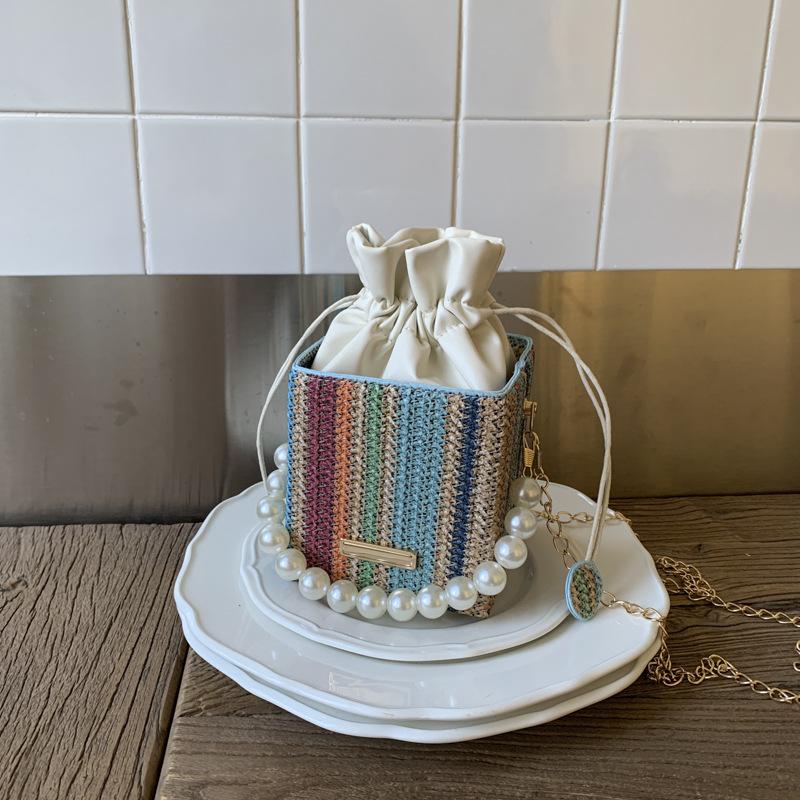 Pearl handbag women's 2025 new trendy small square bag fashion chain shoulder bag summer Internet celebrity woven bucket bag