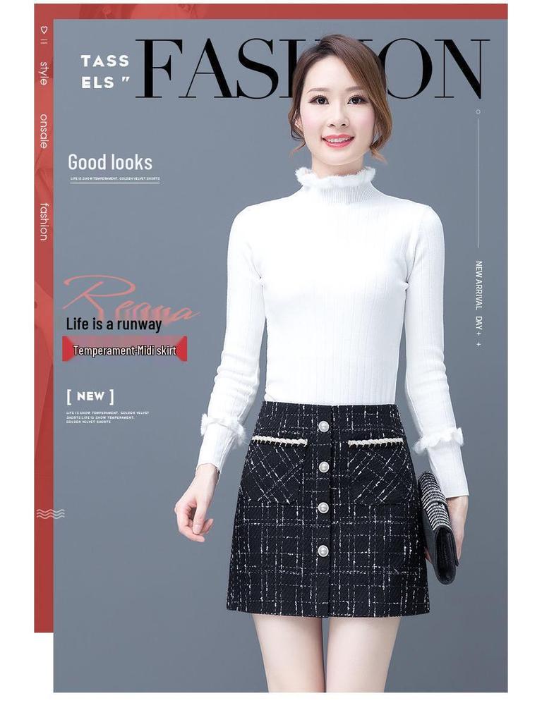 2025 Korejský styl Sukně áčkového střihu z tvídu s vysokým pasem a kostkovaným vzorem pro ženy - Podzimní/zimní krátká zeštíhlující sukně
