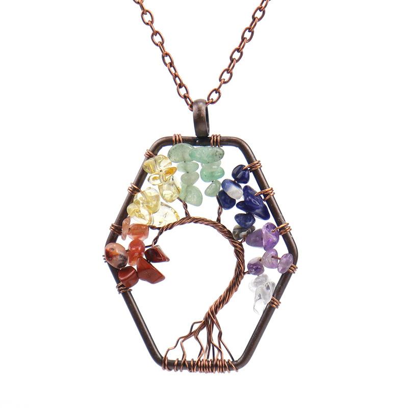 Vintage Handmade Hexagonal Bending Tree Of Life Necklace Gravel Crystal Necklace N16