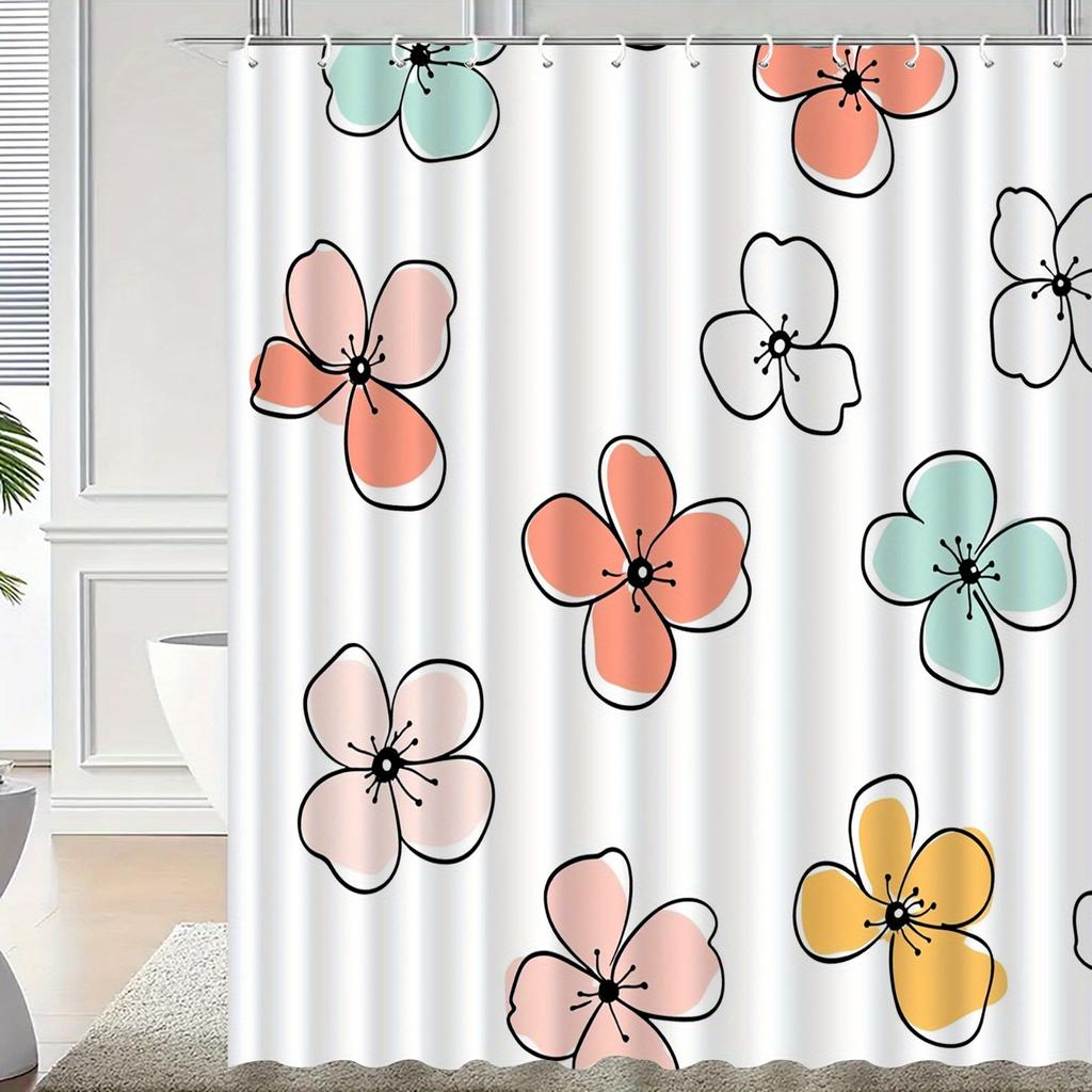 Floral Pattern Shower Curtain - Polyester Woven, Machine Washable, Includes 12 Hooks, All-Season Home Decor, Bathroom Partition
