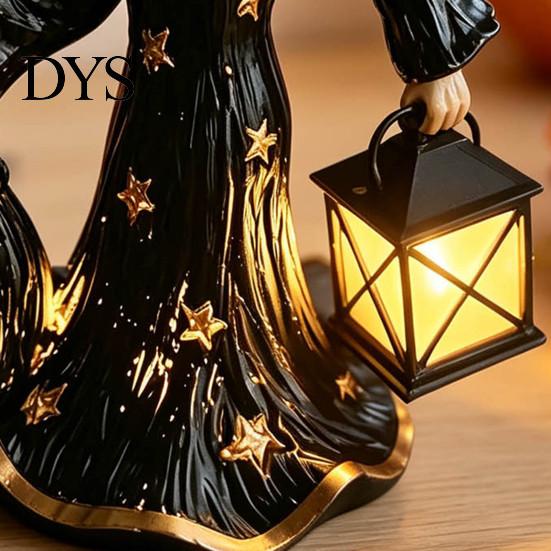 Gothic Witch Sculpture 2Pcs Halloween Night Lamp, Holding Lantern Figurine with Resin Decor LED, Glowing Statue for Tabletop Home