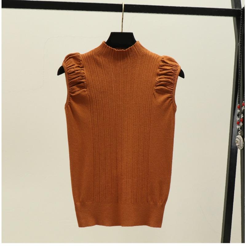 Summer New Simple Solid Color Semi-turtleneck Pleated Pullover Sweater Women Wear Sleeveless Vest Top