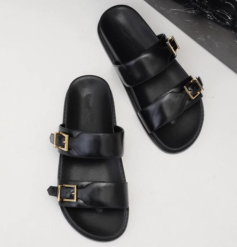 

Fashion 2025 Summer Hook&Loop Sandals Women Double Belt Buckle Shoes Flats Platform Slides Beach Flipflops Ladies Comfy Slip On Slippers 34 чёрный