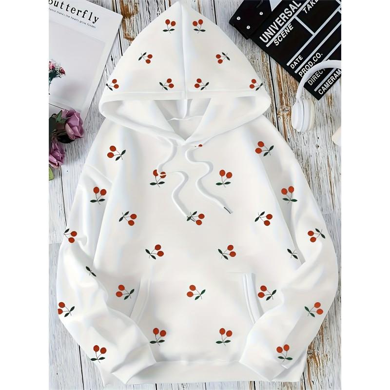 Womens Casual Hooded Sweatshirt With Cherry Anime Digital Print Air Layer Fabric Regular Fit