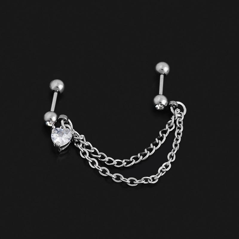 Trendy European & American Titanium Steel Double Chain Heart Zircon Ear Cuff Earrings for Women