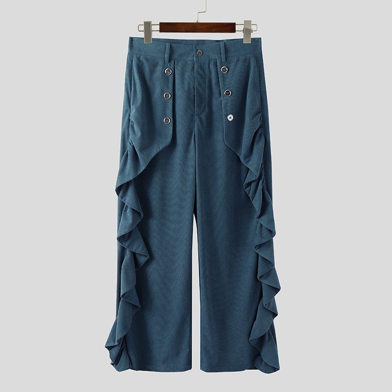 INCERUN Autumn Winter Men High Waist Solid Color Ruffled Casual Corduroy Long Pants