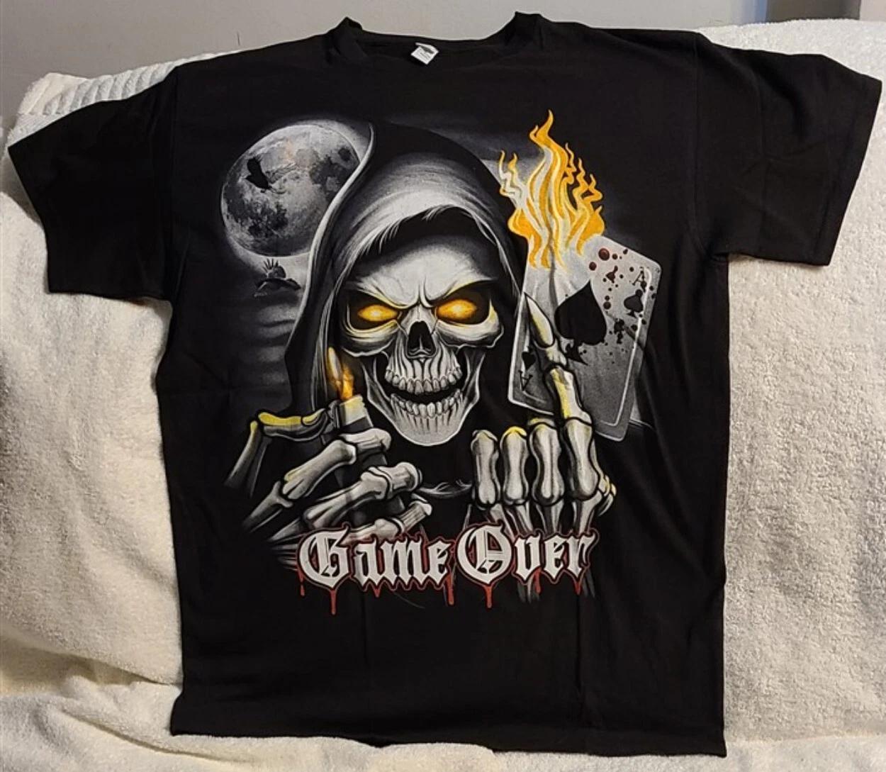 

SKULL GAME OVER ACE OF SPADES CARD LIGHTER FLAMES MOON SKELETON T-shirt L