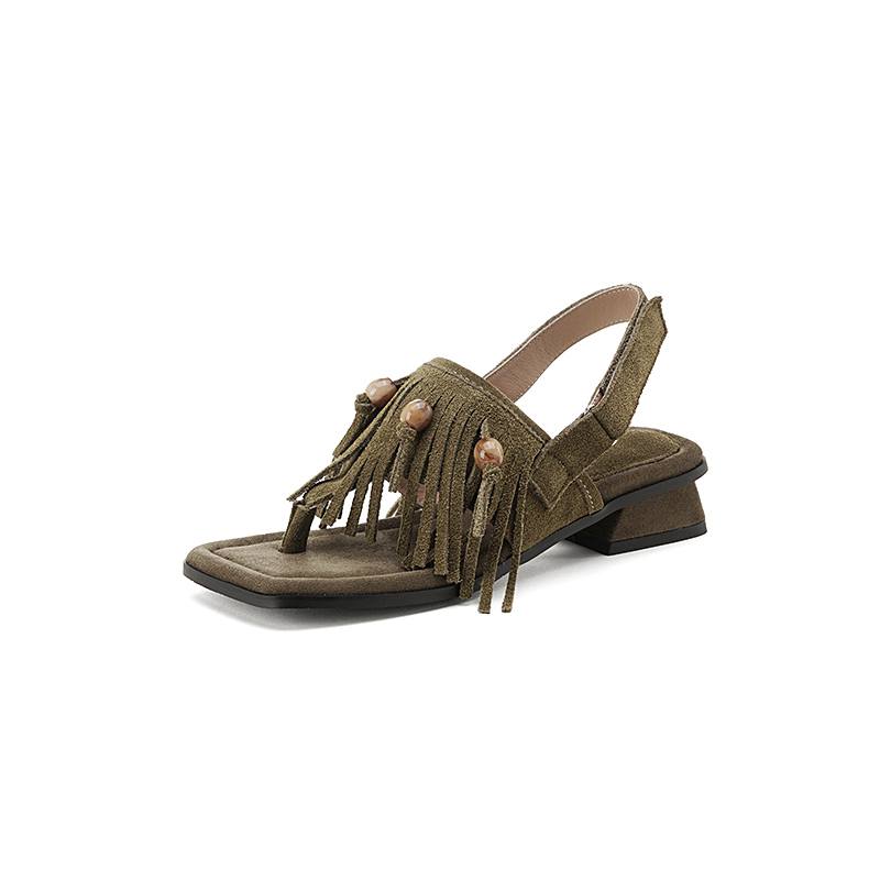 Krazing Pot Cow Suede Nubuck Summer Size 40 Hook Loop Tassel Fringe Low Heels Women Peep Toe Sandals