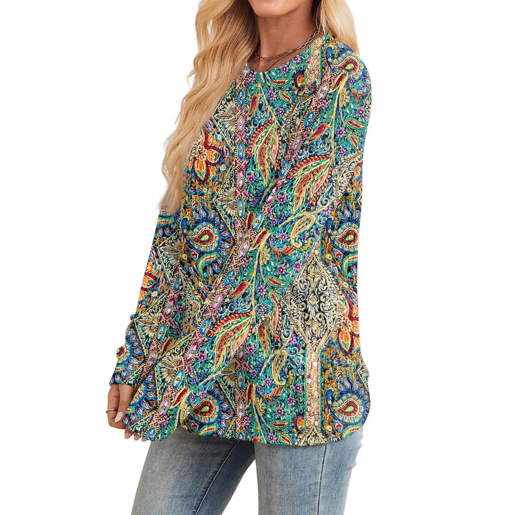Fashionable Women's Long Sleeved Retro Printed Lightweight Sweater With Loose Round Neck Top
