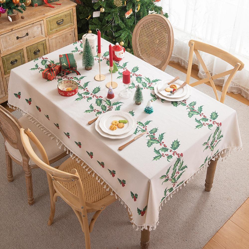 Festive Christmas Table Runner Cotton Blend Printed with Floral Fringe Decorative Dining Cover