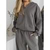 Womens Hooded Zip-Up Sporty Two-Piece Set With Drawstring Pants Casual Streetwear Outfit