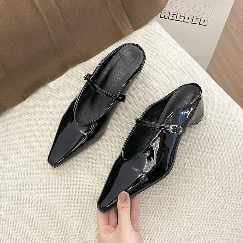 pointed head half drag 2025 single shoe bag head drag shallow mouth buckle one word, increase height within 5cm in spring and summer, new black