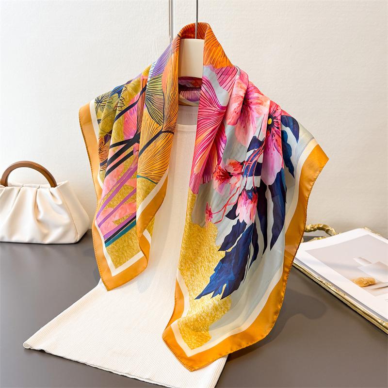 Luxury Floral Printed Square Scarf For Women Imitation Silk Scarves Bandanas Hijab Neckerchief Elegant Shawl Wraps