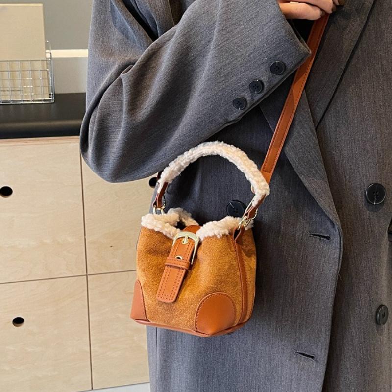 Women's Fashion Plush Messenger Bag Faux Leather Small Bucket Shoulder Crossbody Bag with Polyester Lining and Buckle Closure Solid Color