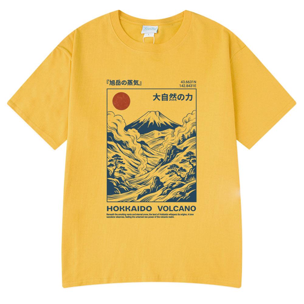 Hokkaido Volcano Illustration T-shirt Retro Okiyo-e Style Japanese Mountain Art TShirt Unisex Short Sleeve Cotton Casual Streetwear