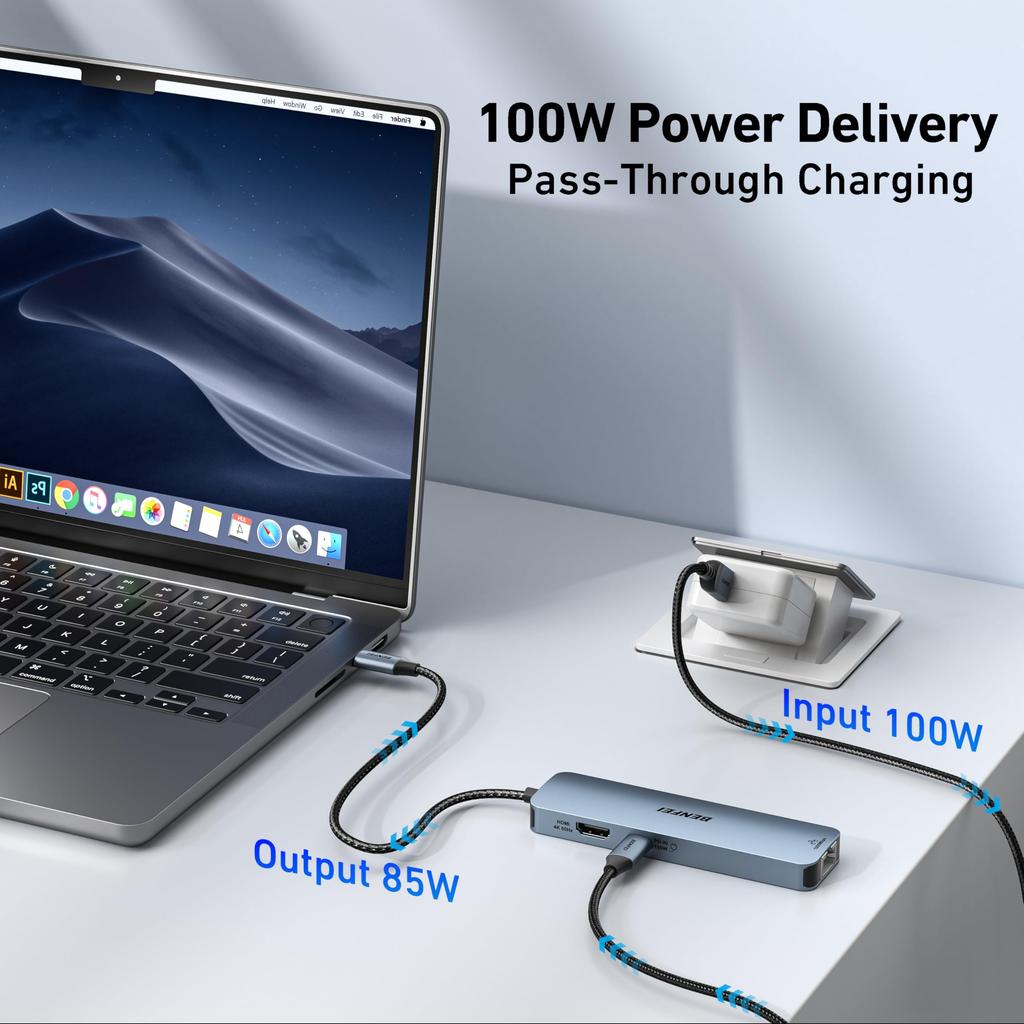 BENFEI USB C Hub 6-in-1: HDMI (4K@60Hz), Gigabit LAN, 100W PD Charging, 3 USB 3.0 Ports, Silicone Cable & Aluminum Case Included. Multi-functional Hub