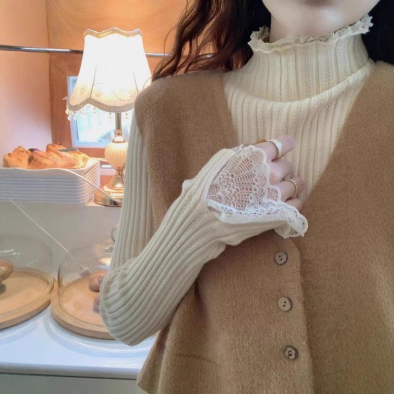 High-end slim-fit wooden ear edge semi-turtleneck bottoming shirt women's sweater autumn and winter new versatile knitted sweater