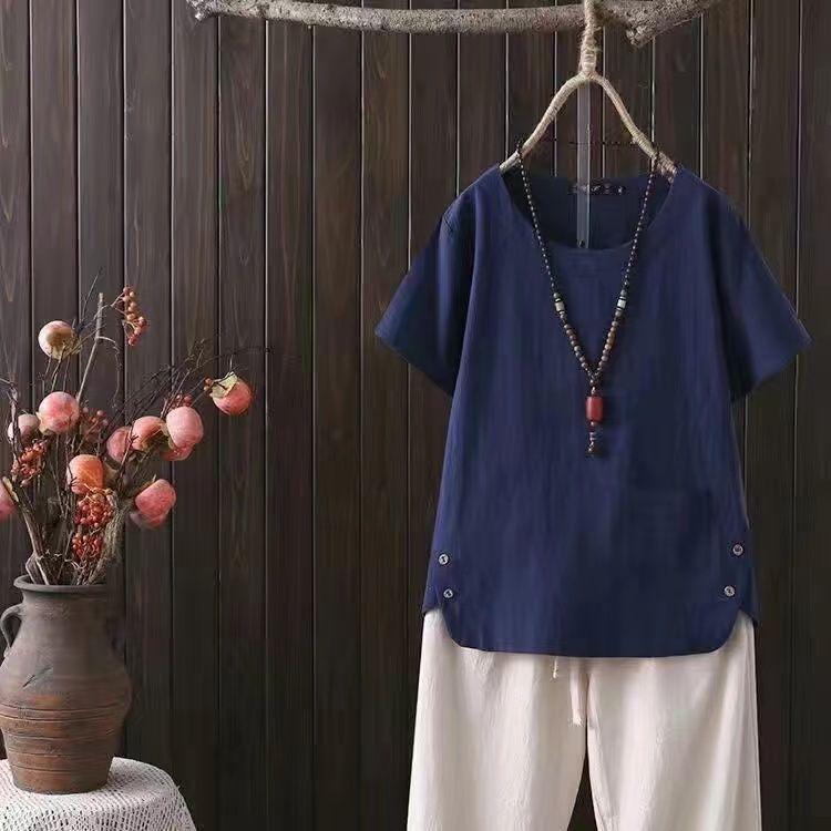 Women's Summer 2024 Cotton & Linen Retro Japanese T-Shirt - Short-Sleeve, Large Size, Casual Ethnic Style