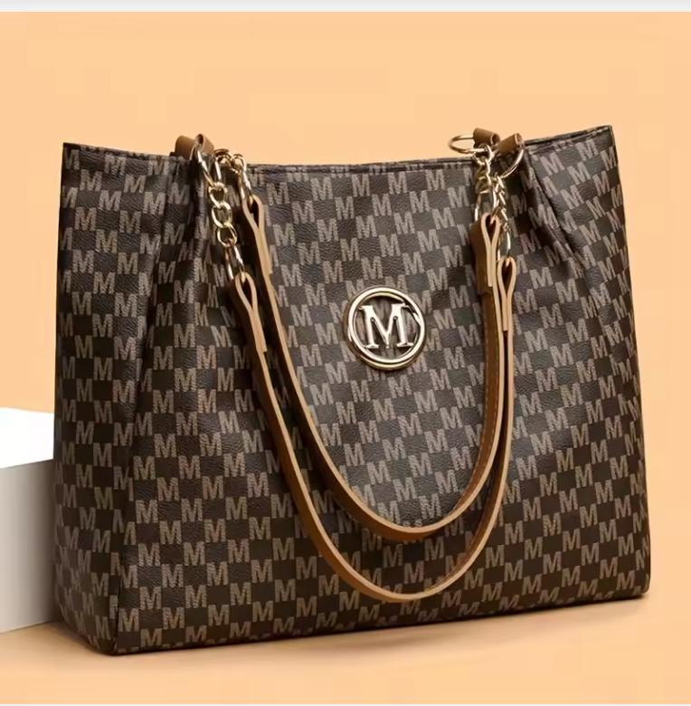 Vintage Geometric Tote Bag Synthetic Leather Letter "M" Design for Women Handbag Shoulder Bag Large Capacity Shopping Travel Bag
