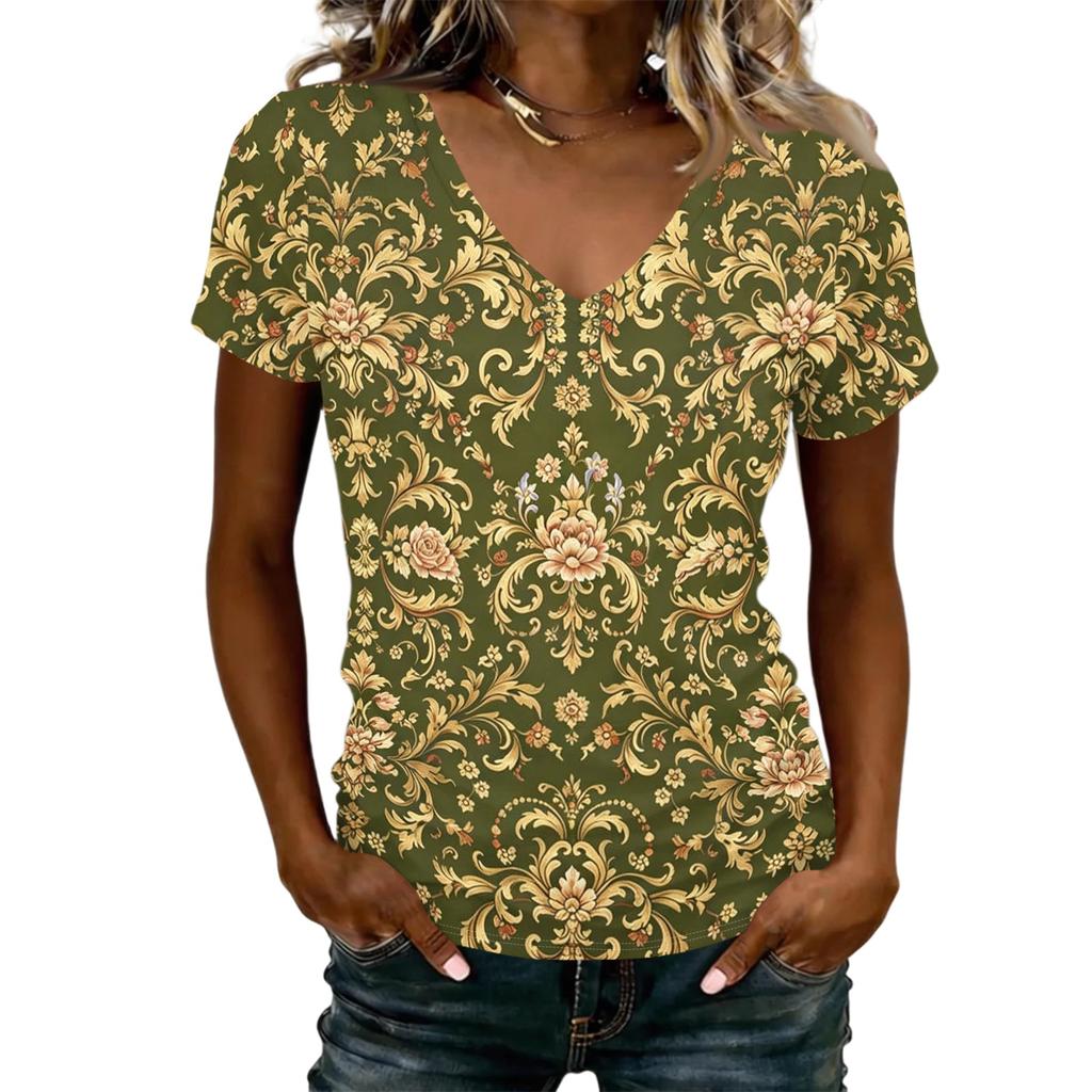 Damen V-Ausschnitt Kurzarm Top Lässiges Entspanntes T-Shirt mit Blumenmuster Leichter Weicher Stoff Pullover Bluse