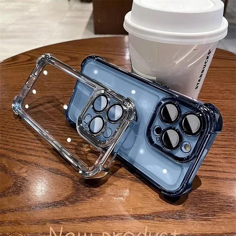 Luxury Plating Airbag Soft Silicone Case for iPhone 16 Pro Max 11 12 13 14 15 Pro Xs Max X Xr 16 Plus Glass Lens Protector Cover