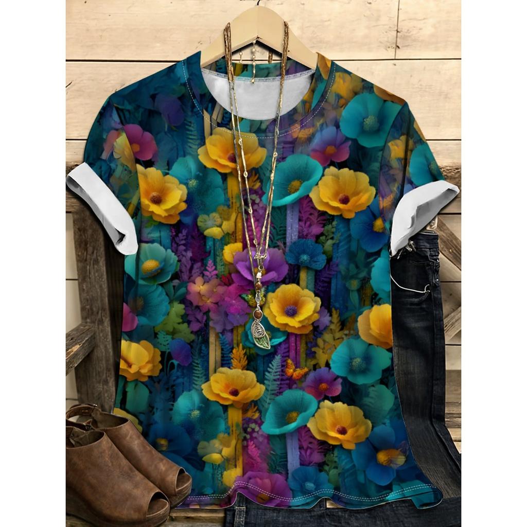 Summer Round Neck Flower Pattern 3D Print Top Fashionable Casual Short Sleeved Women's T-shirts