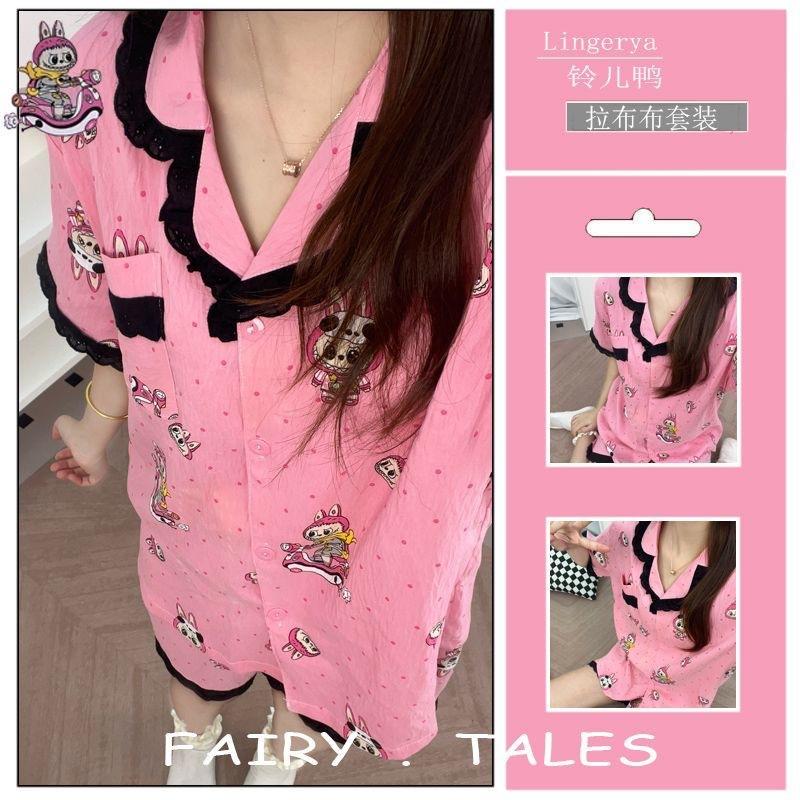 

Cute pink Labu pajamas women s summer short-sleeved shorts lace two-piece set, students can wear loungewear outside S