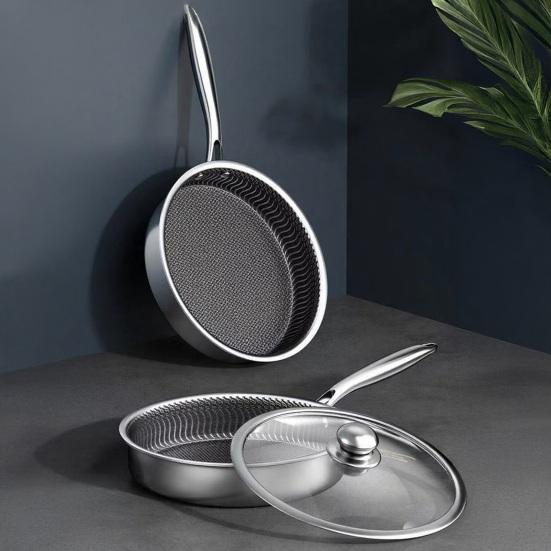 Stainless Steel Frying Pan Dual-Sided Grill for Steak & Eggs One-piece Handle Skillet Commercial Grade Corrosion-resistant Cookware with Ergonomic