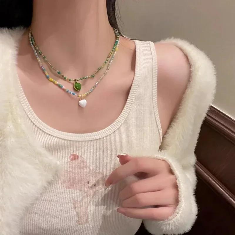 Candy Color Heart Beaded Necklace Sweet Romantic Pink Heart Pendant Earrings Freshwater Pearl Contrast Earring Korean Design