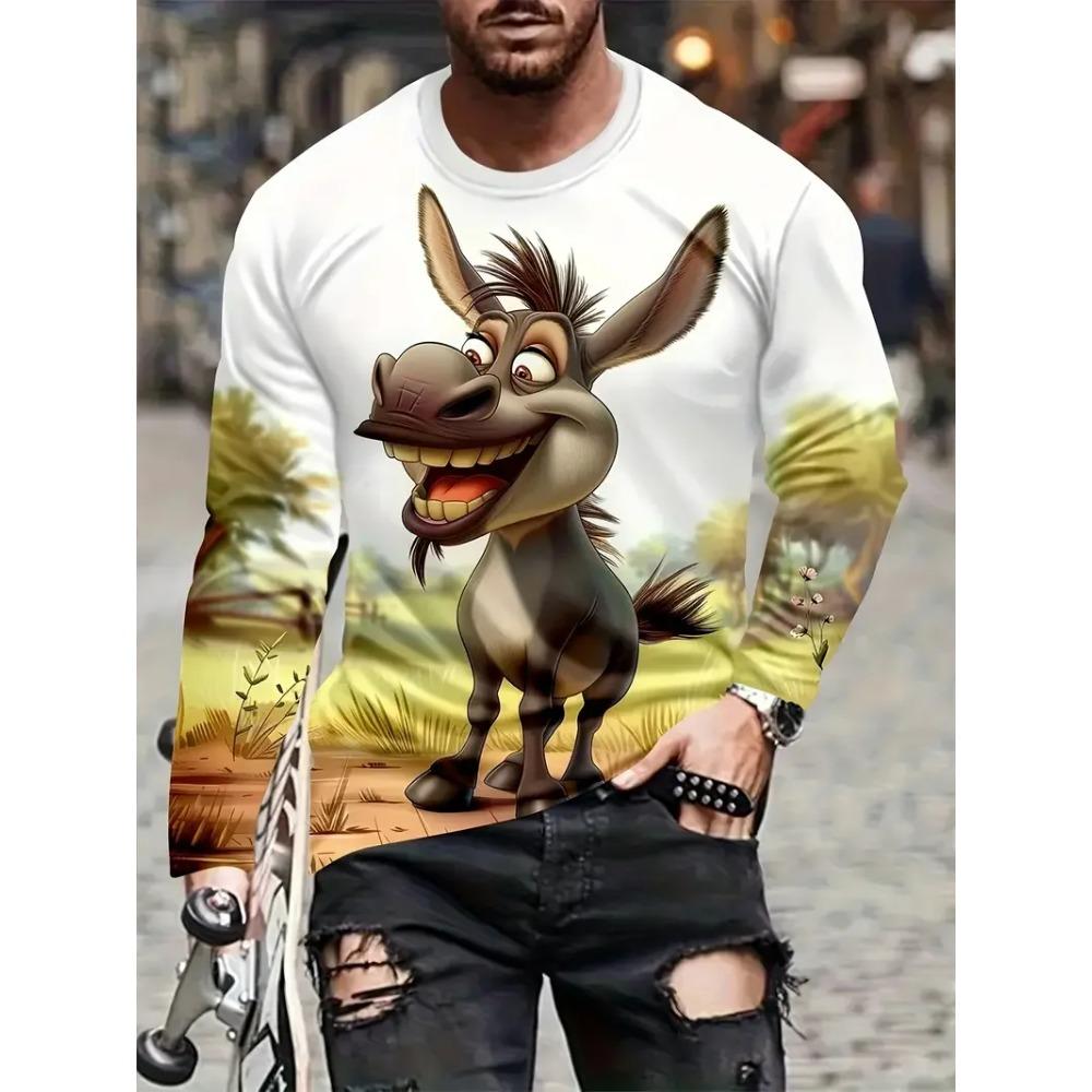 Cartoon Vibrant Rabbit Long Sleeve T-shirt Funny Animal Theme 3D Print T-shirt Man Casual Crew Neck T-shirt