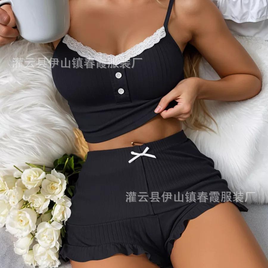 

New European and American sexy lace suspender pajamas set shorts women s loungewear women S чёрный