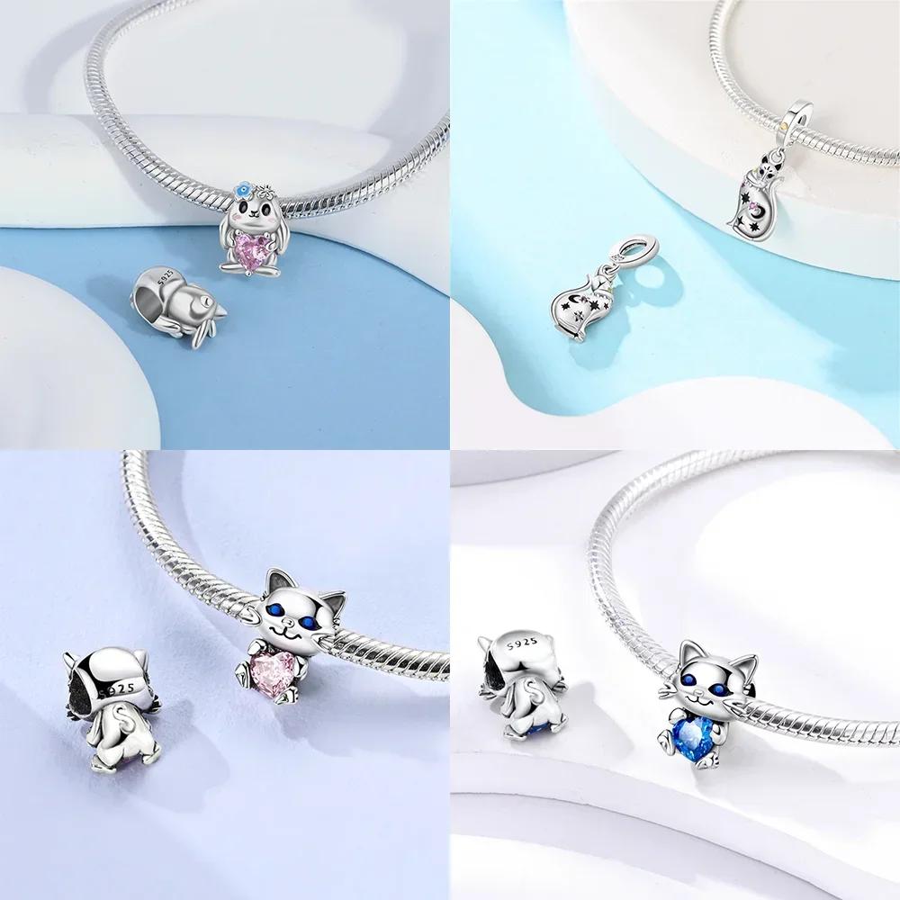 Original Hatched Snake White Rabbit Blue Zircon Heart Catcopper Animal Pendant Charm Bead Fit Bracelet Women Gift Accessory