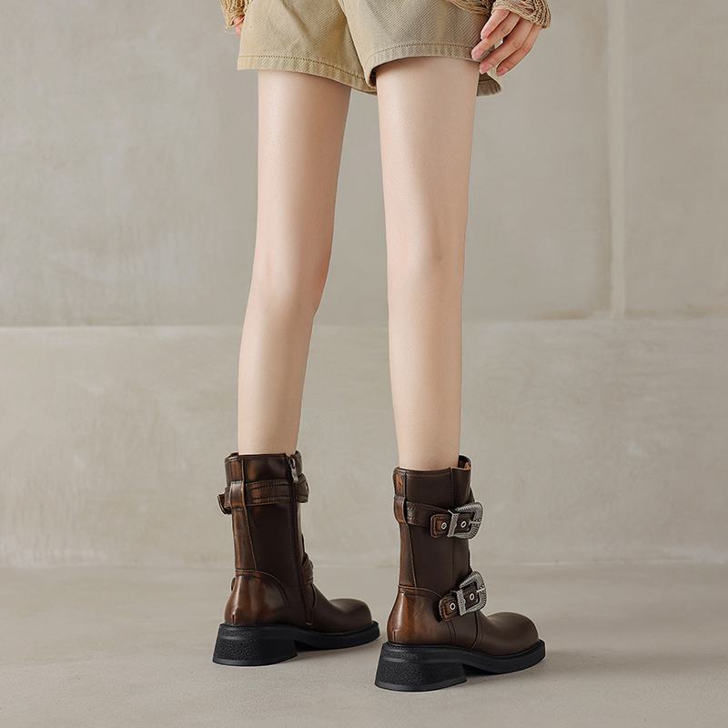 Krazing Pot Kravská kůže Čtvercová špička Zimní Střední podpatky Moderní Westernové boty Ženy Rockový styl Vintage Kovové zapínání Kotníkové boty