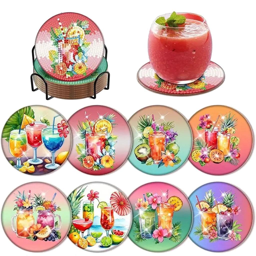 8-teiliges Set mit diamantbemalten Untersetzern mit Tier-, Strand- und Muschelmuster und Halterungen, DIY-Untersetzer für Anfänger und Erwachsene, Kunst- und Bastelbedarf, Geschenke