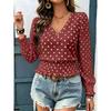 Loose V Neck Polka Dot Print Long Sleeve Casual Women T Shirt