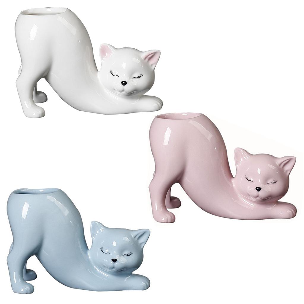 Ceramic Tailless Cat Succulent Pot Cute Kitty Succulent Flower Pot Novelty Cat Planter Funny Cat Flower Pot for Indoor