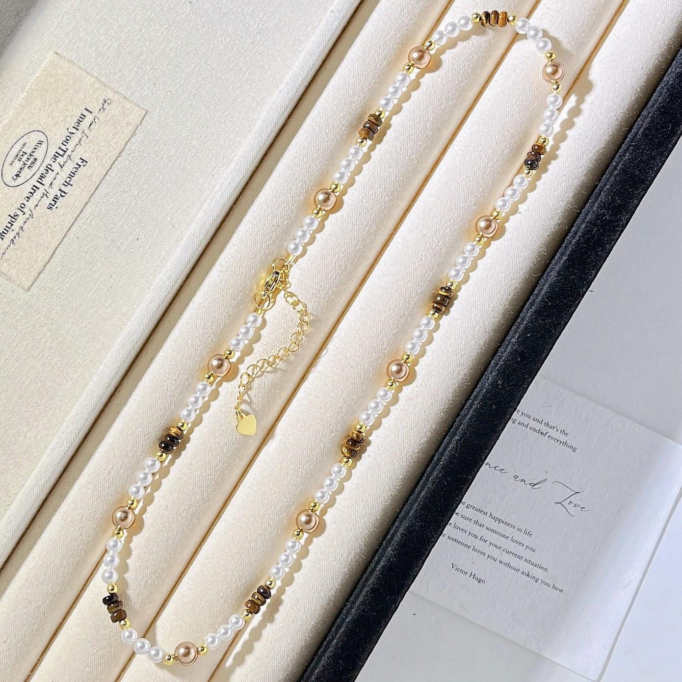 

Autumn And Winter Merad Wind Natural Tiger S Eye Stone Shijia Imitation Pearl Collarbone Chain Necklace