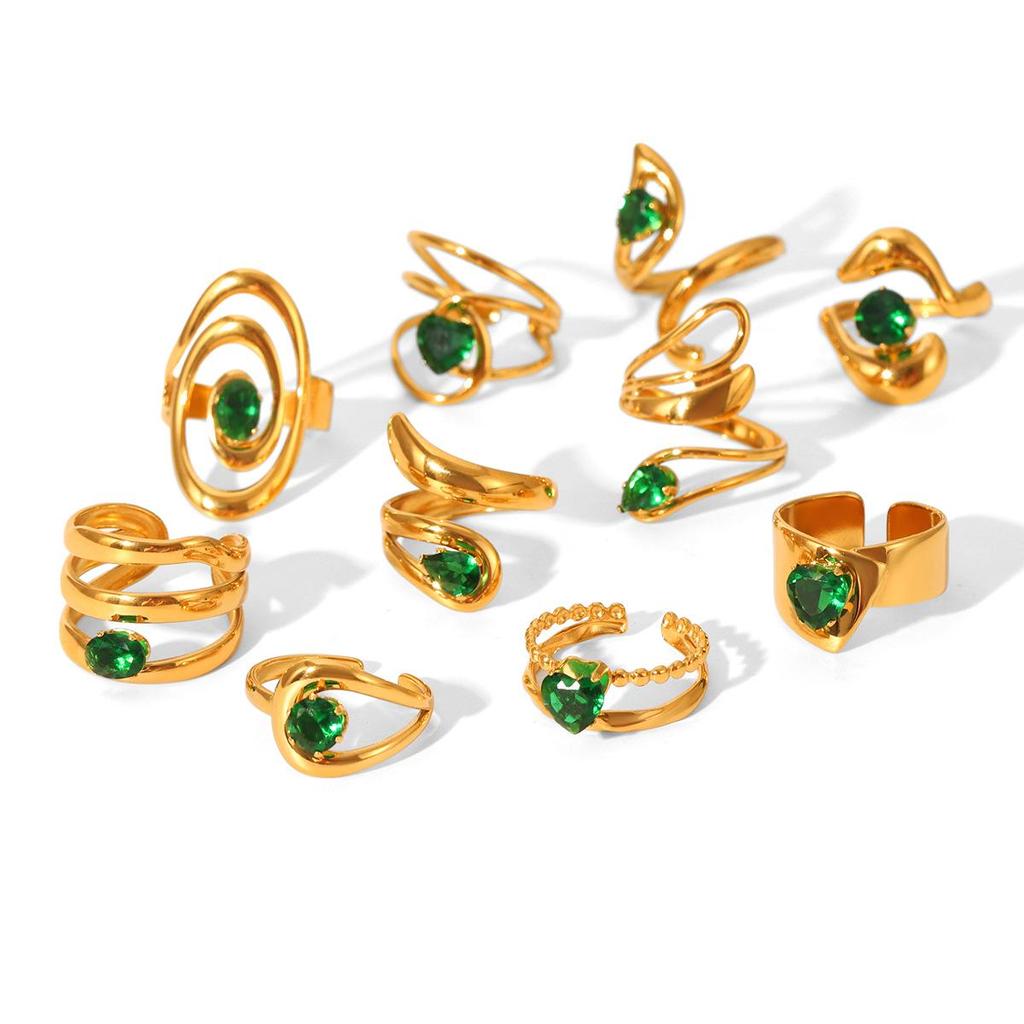 Retro Green Gemstone Zircon Stainless Steel Open Ring for Women