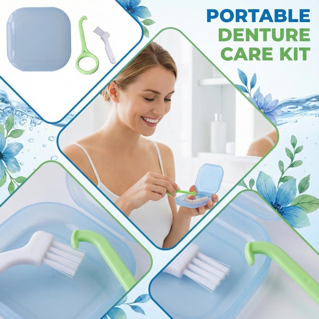 Portable Denture Cleaning Case with Brush and Tool Kit Compact Dental Retainer Storage Box for Daily Oral Hygiene and Denture Care