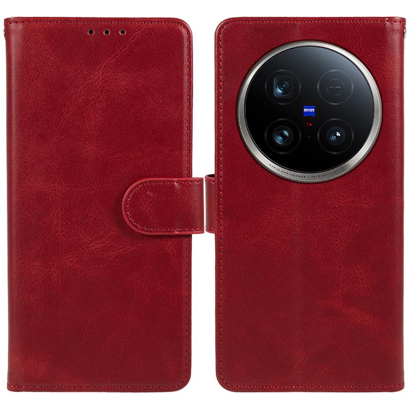

For vivo X100 Ultra 5G Case Calf Texture Leather Wallet Phone Cover with Stand Card Holder Red