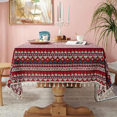 Nordic Style Ethnic Tablecloth with Tassel Heat-resistant Bohemian Tablecloth Rectangular Stain-resistant Table Protecter