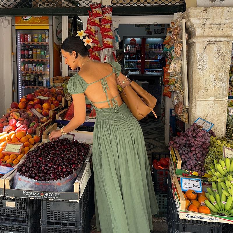 Sexy Halter Lace-up Pleated Holiday Dress Summer Square Collar Short-sleeved Ladies Party Dress Casual Beach Long Dress