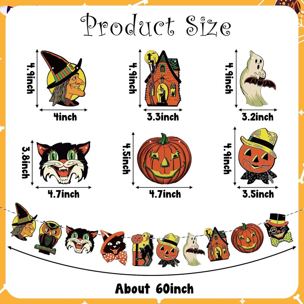 Vintage Halloween Hanging Banner Decoration, Retro Halloween Trick or Treat Cute Pumpkin Witch Ghost Cat Wall Bunting Garland Card Banner Cartoon