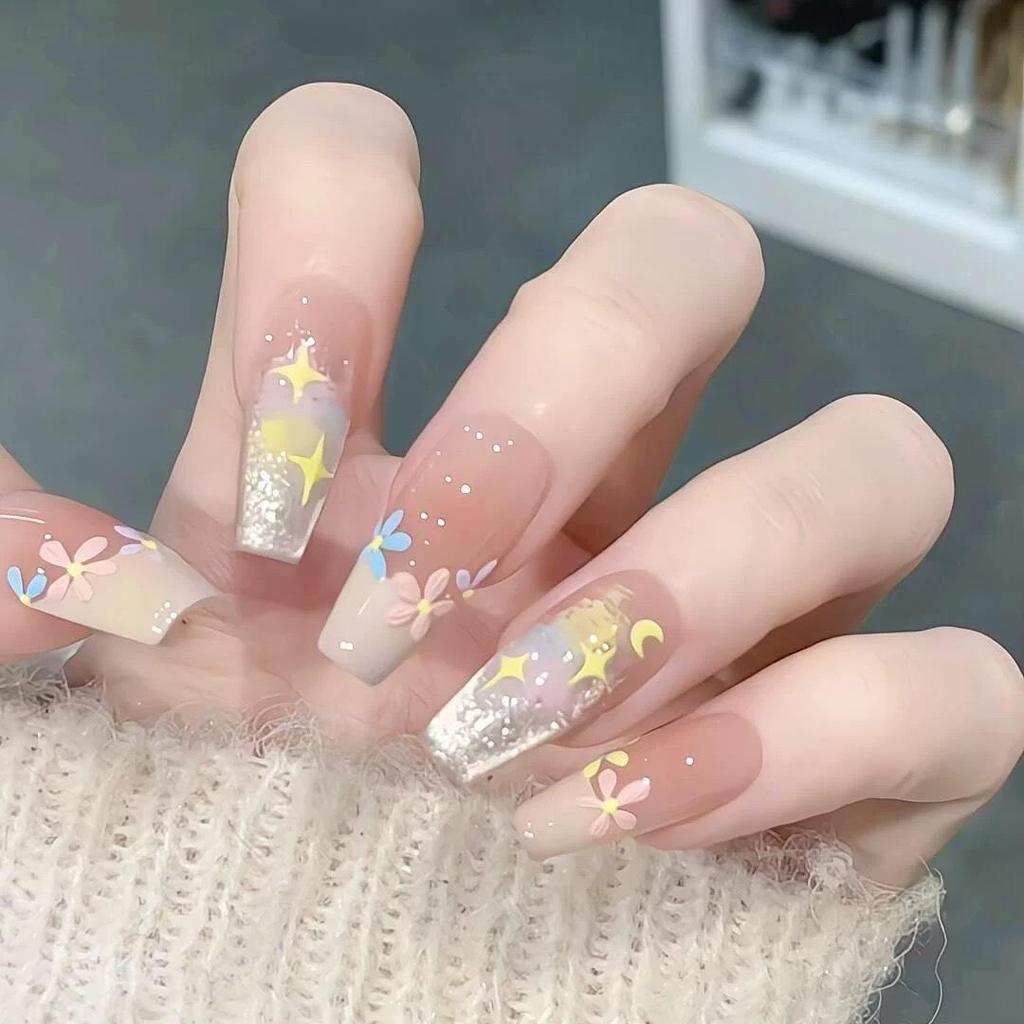 Handmade Medium-Long Ice Crystal Butterfly Cat Eye Nails for Brides or Pregnant Women